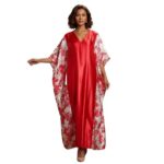 Women's Luxury Floral Satin Kaftan Maxi Dress – Elegant Red